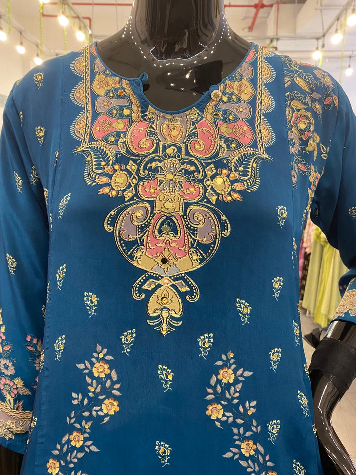 DUPATTA SET - Pure Crape Teal Blue floral printed 102411