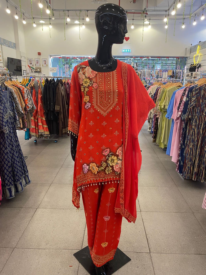 DUPATTA SET - Pure Crape red floral printed fish cut 102408