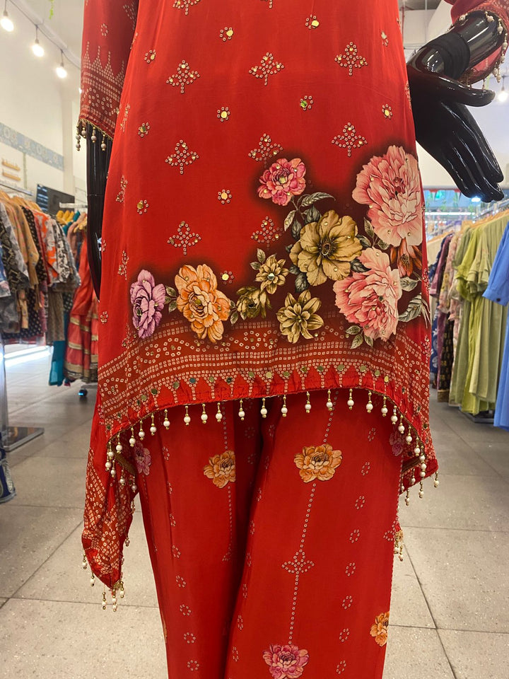 DUPATTA SET - Pure Crape red floral printed fish cut 102408