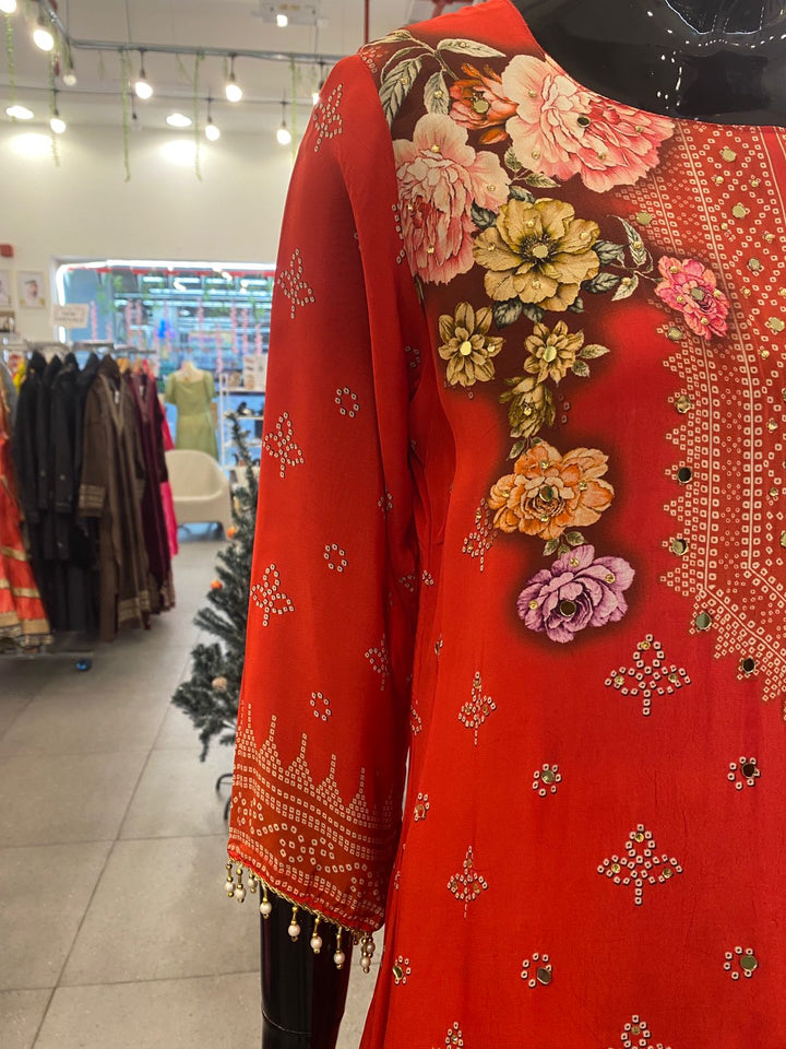 DUPATTA SET - Pure Crape red floral printed fish cut 102408