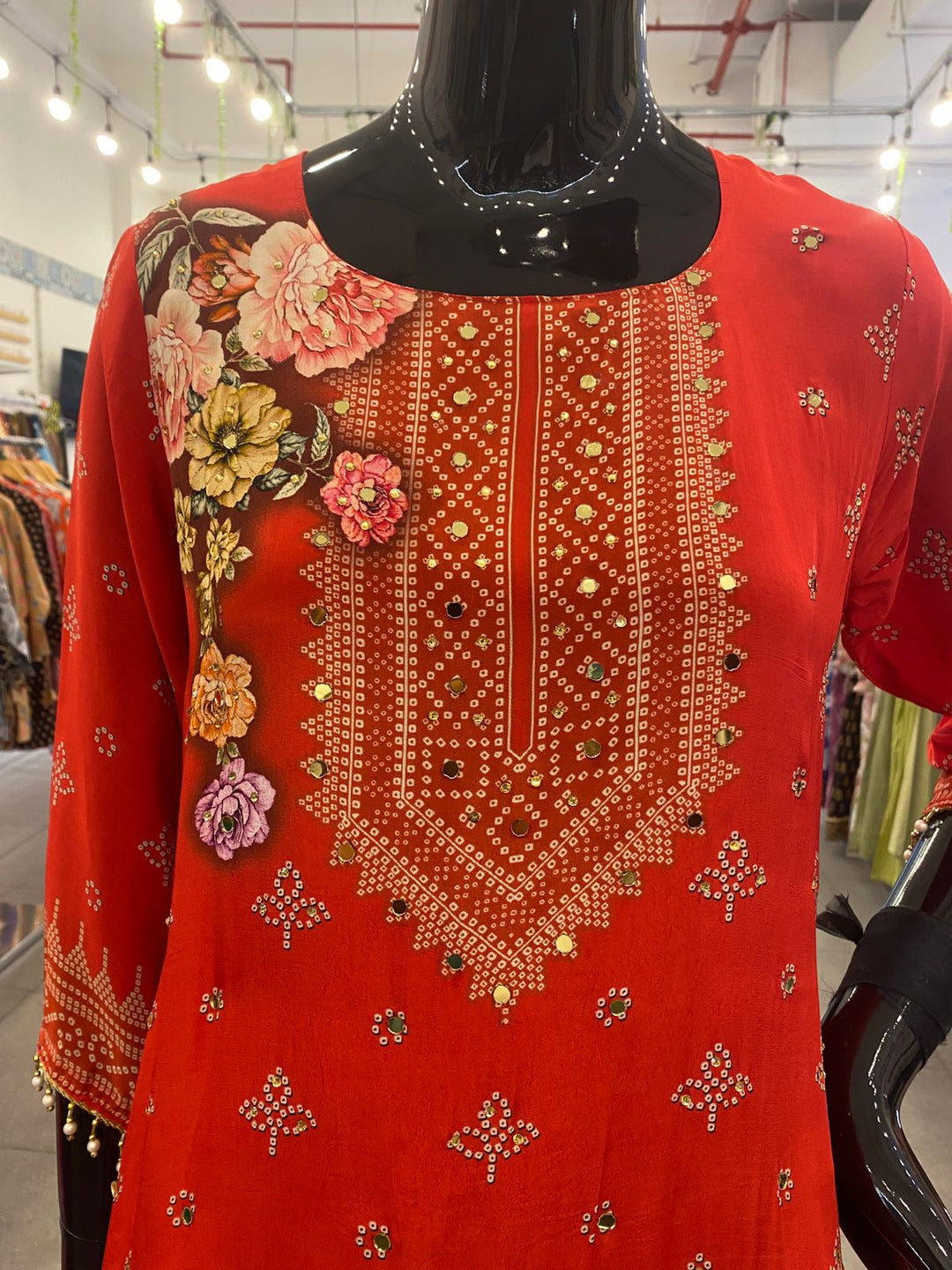 DUPATTA SET - Pure Crape red floral printed fish cut 102408