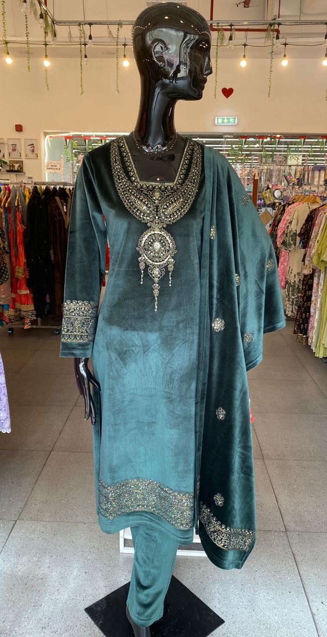 DUPATTA SET - Lux velvet green color family 102423