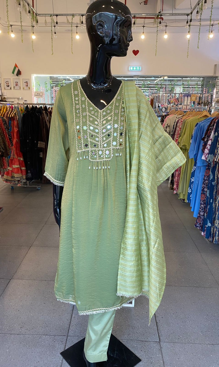 DUPATTA SET - Tissue Simmer Mehandi color straight cut 102407