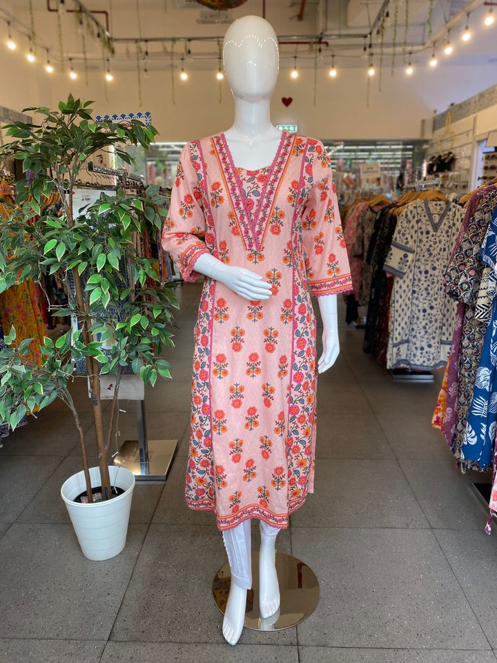 KURTA-Peach & Red Cotton