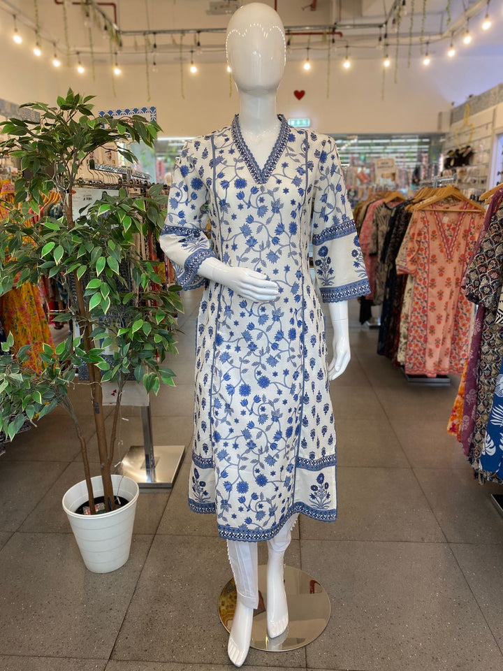 KURTA-White & Blue Lace Cotton