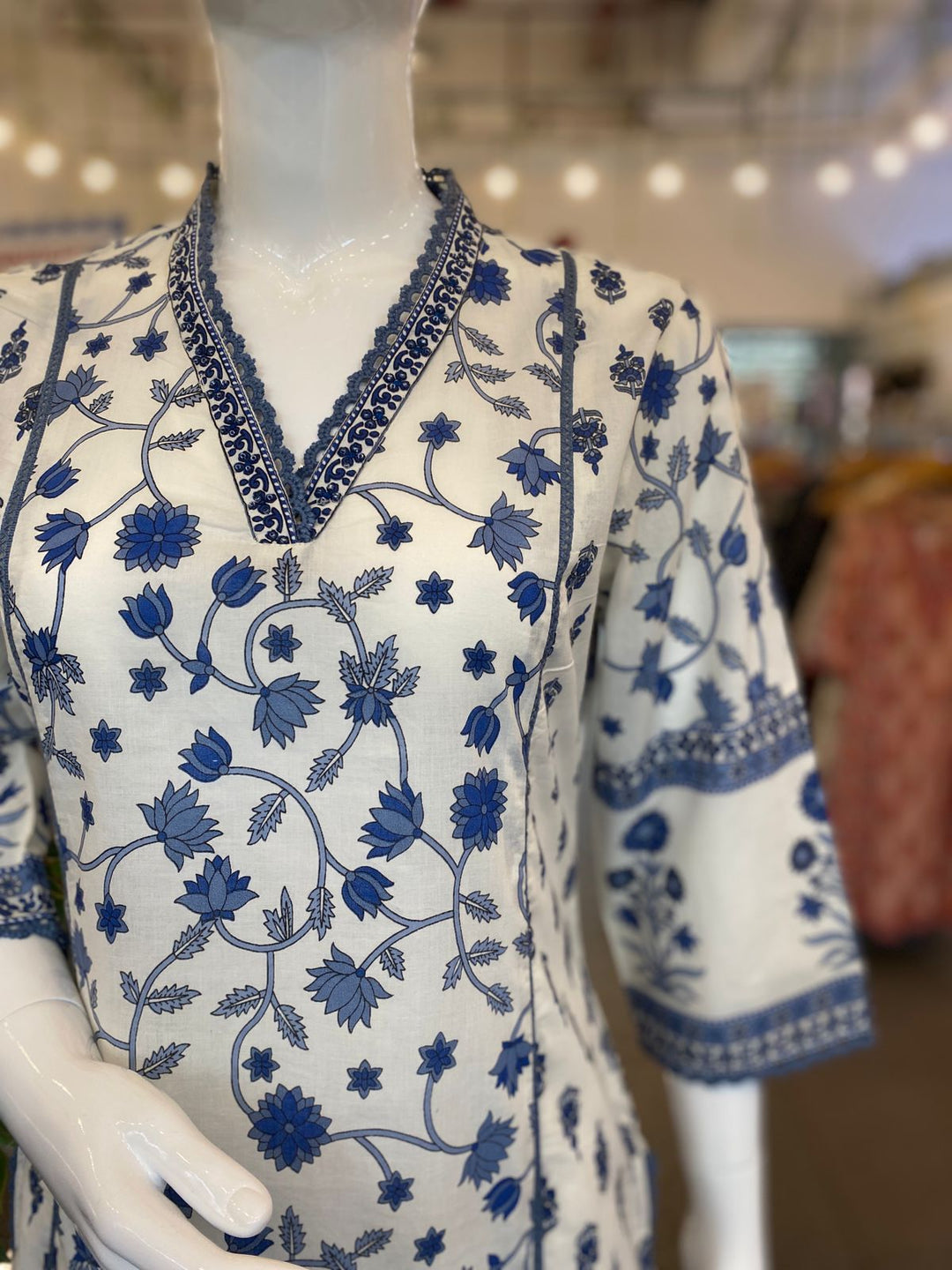 KURTA-White & Blue Lace Cotton