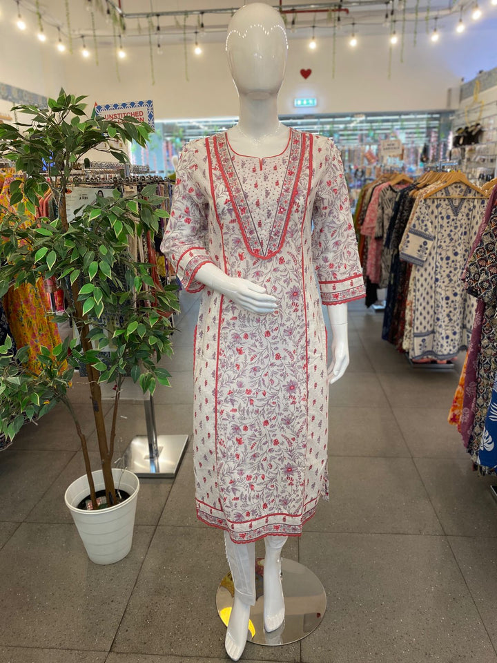 Kurta-White & Maroon Lace Cotton