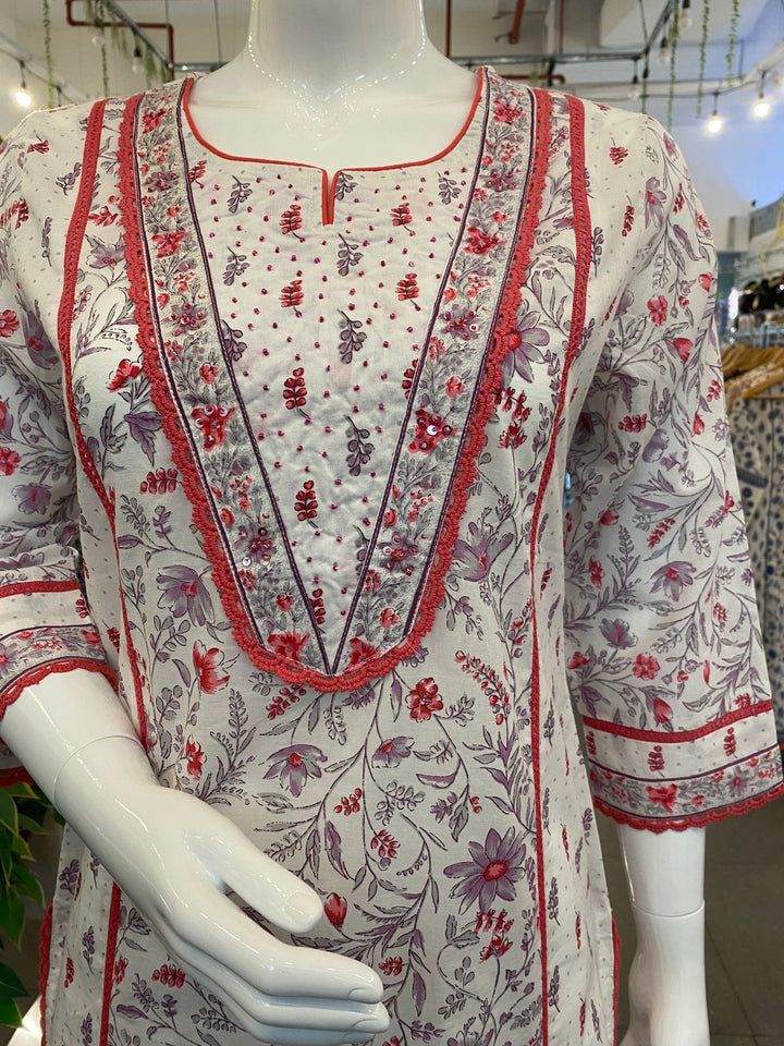 Kurta-White & Maroon Lace Cotton