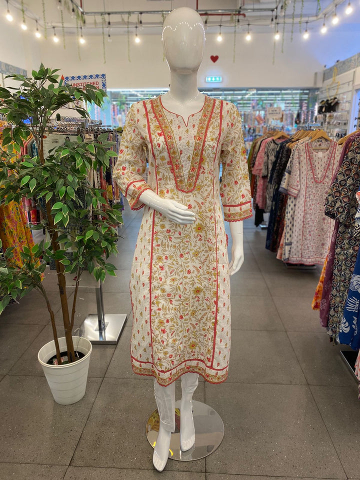 KURTA-White & Yellow Lace Work Cotton