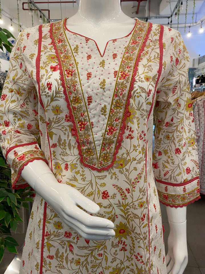 KURTA-White & Yellow Lace Work Cotton