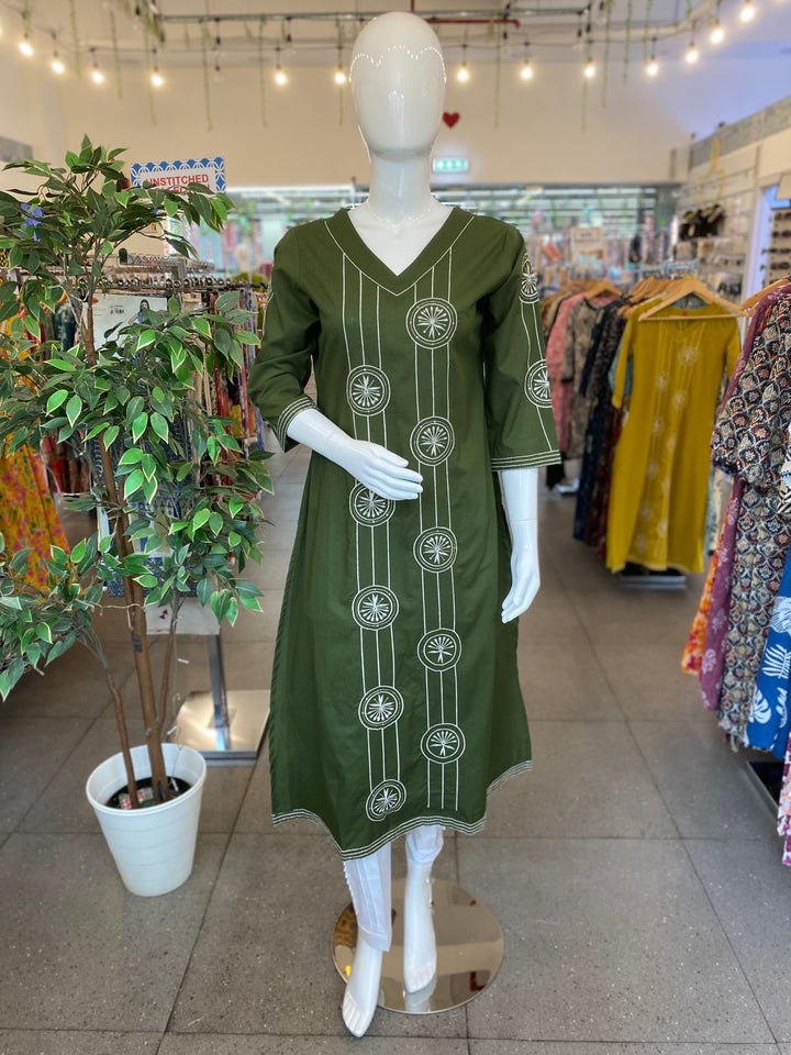 KURTA-Green Embroidered Cotton