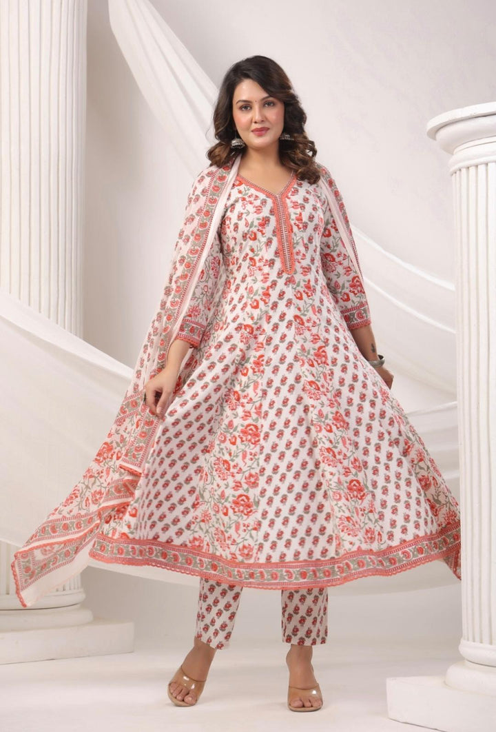 DUPATTA SET-White Floral A-Line Cotton