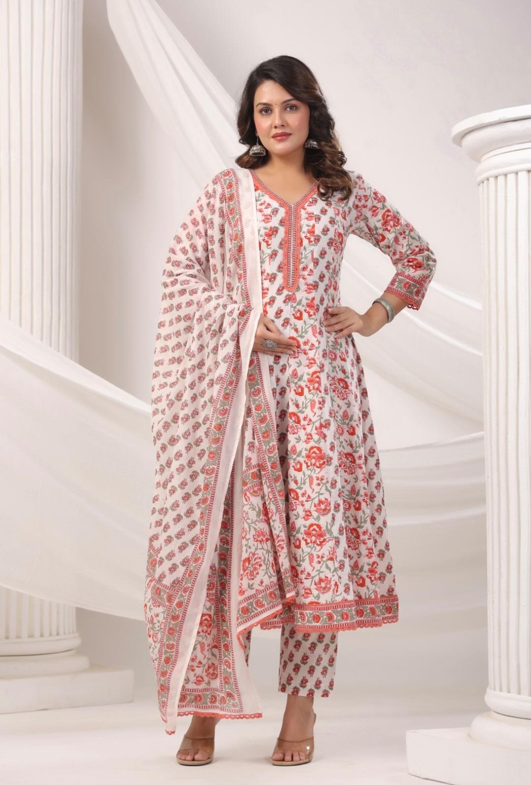 DUPATTA SET-White Floral A-Line Cotton