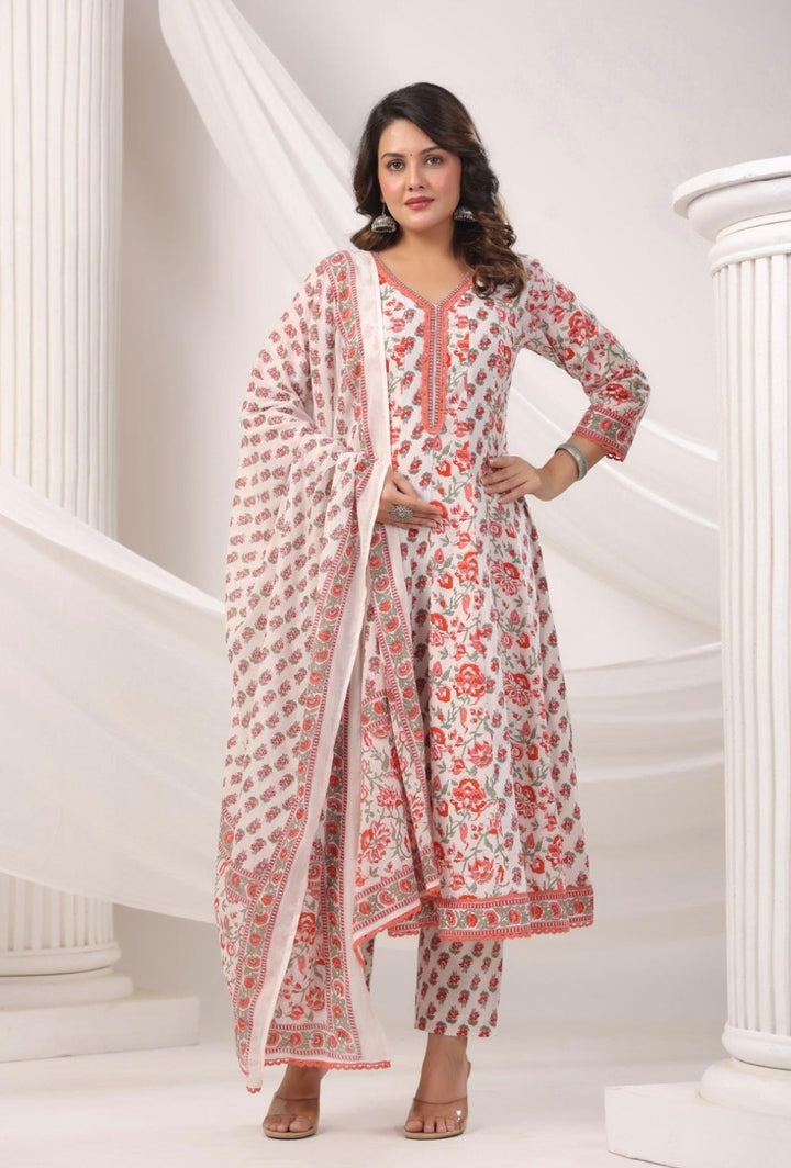 DUPATTA SET-White Floral A-Line Cotton