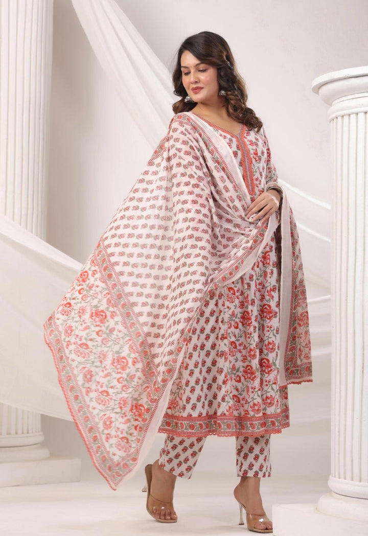DUPATTA SET-White Floral A-Line Cotton