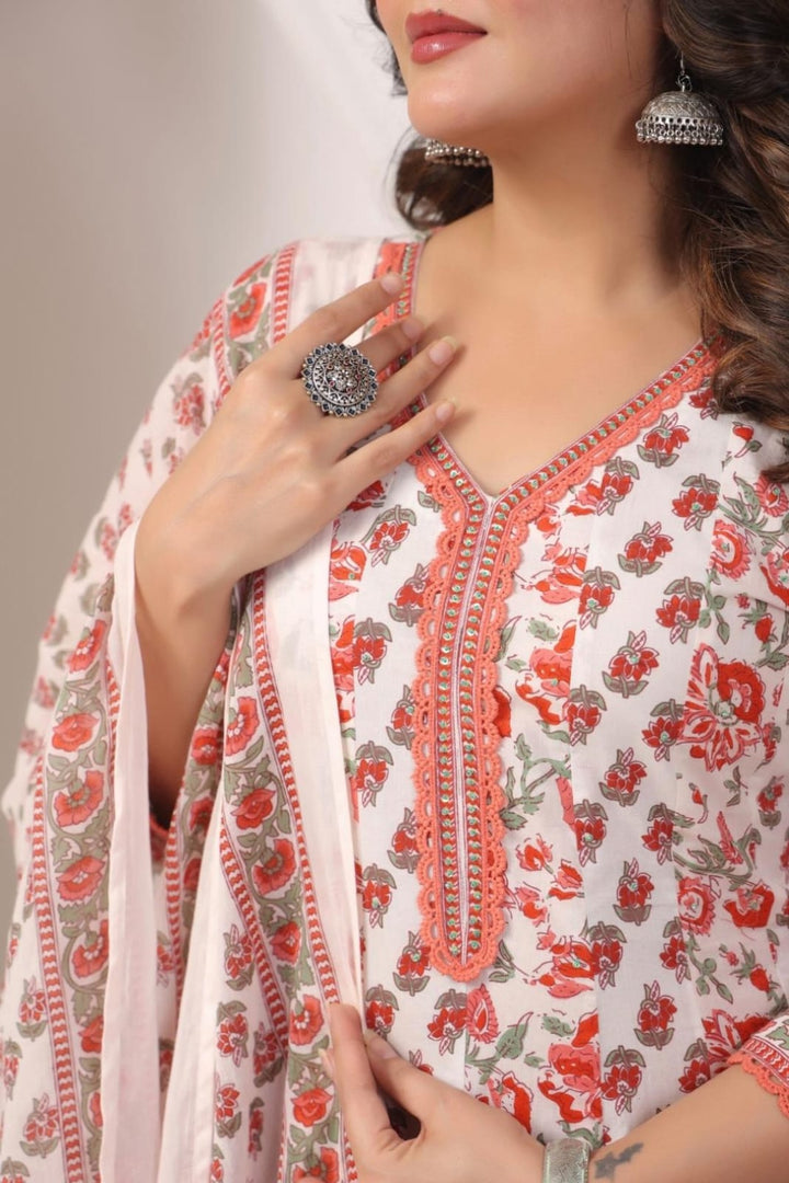 DUPATTA SET-White Floral A-Line Cotton