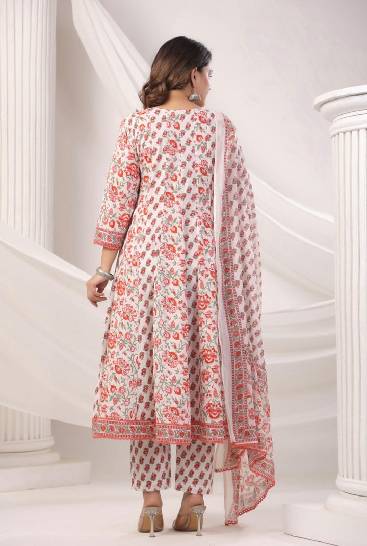 DUPATTA SET-White Floral A-Line Cotton