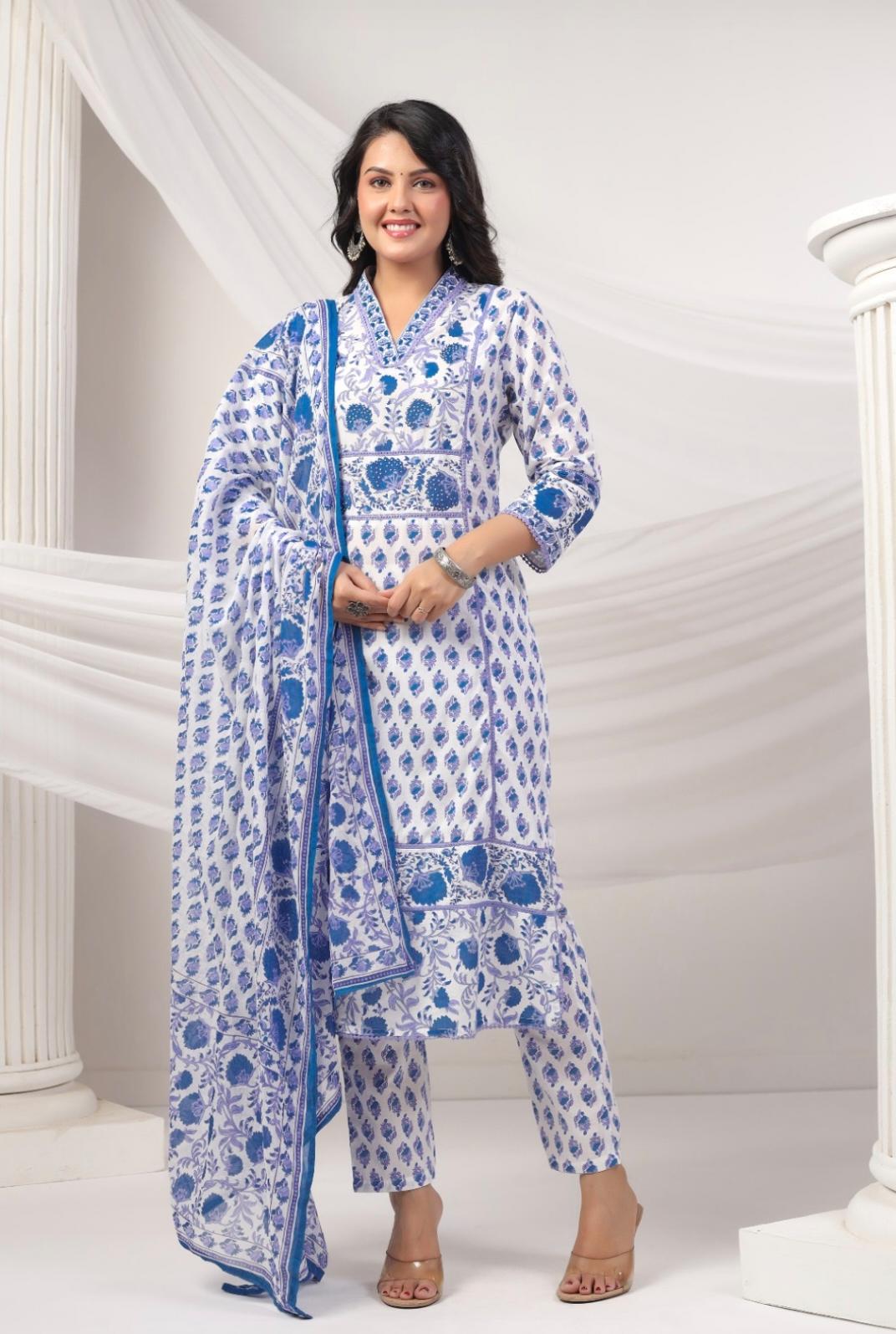 DUPATTA SET-Blue Floral Straight Cotton