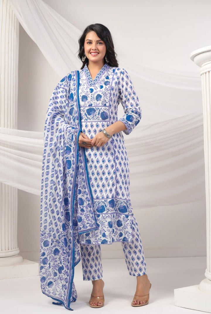 DUPATTA SET-Blue Floral Straight Cotton