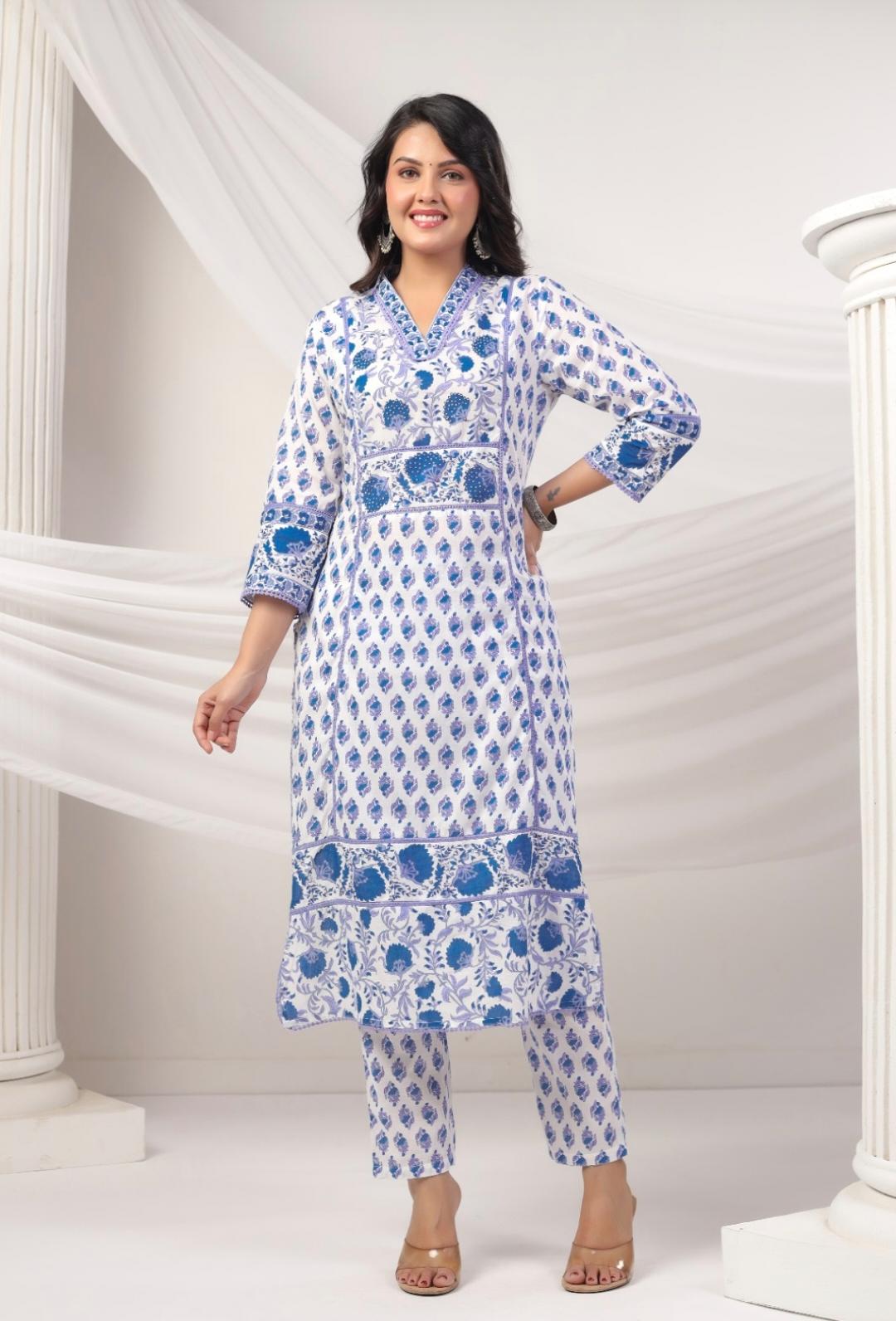 DUPATTA SET-Blue Floral Straight Cotton