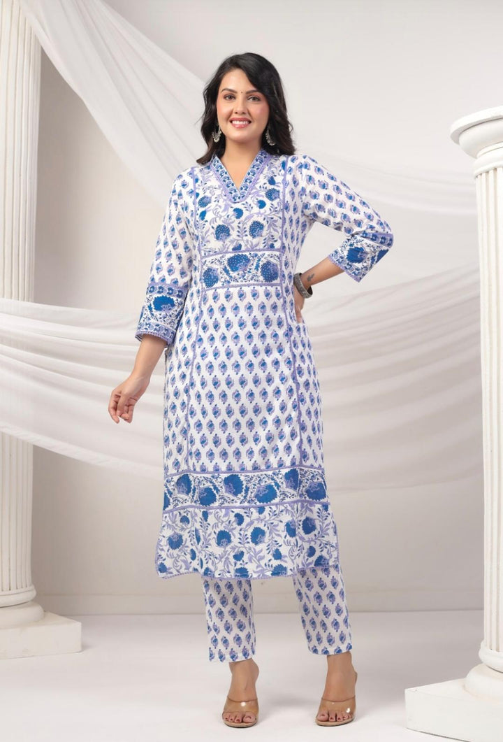 DUPATTA SET-Blue Floral Straight Cotton
