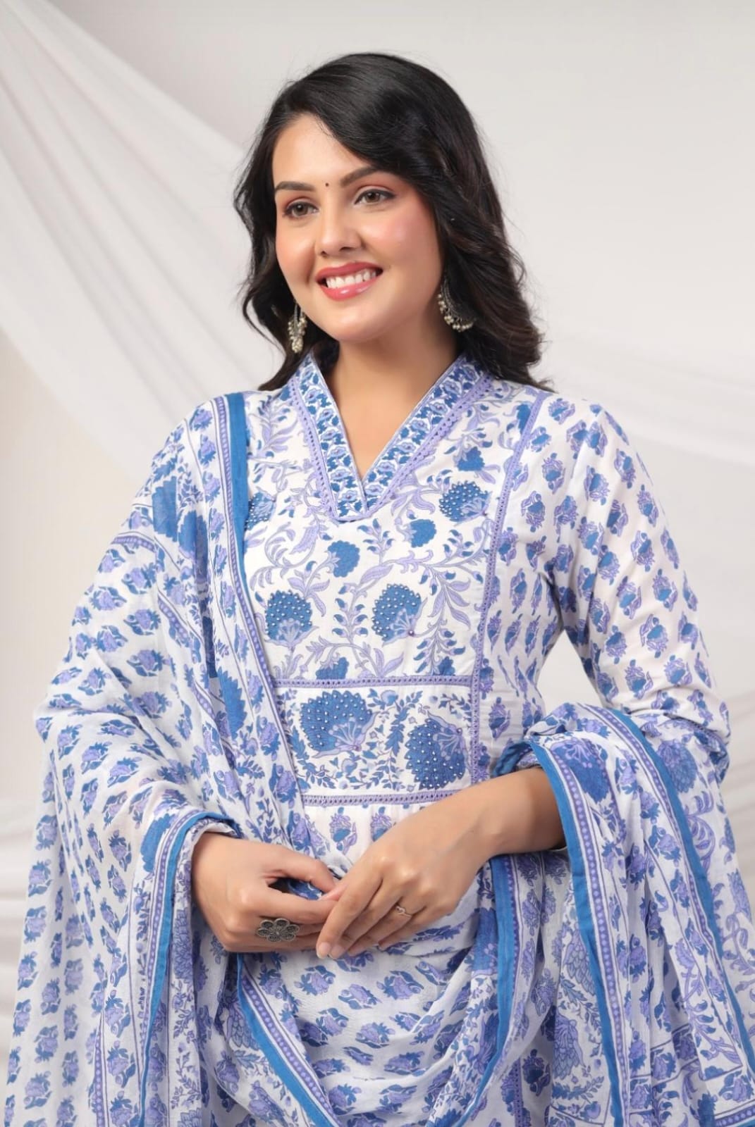 DUPATTA SET-Blue Floral Straight Cotton