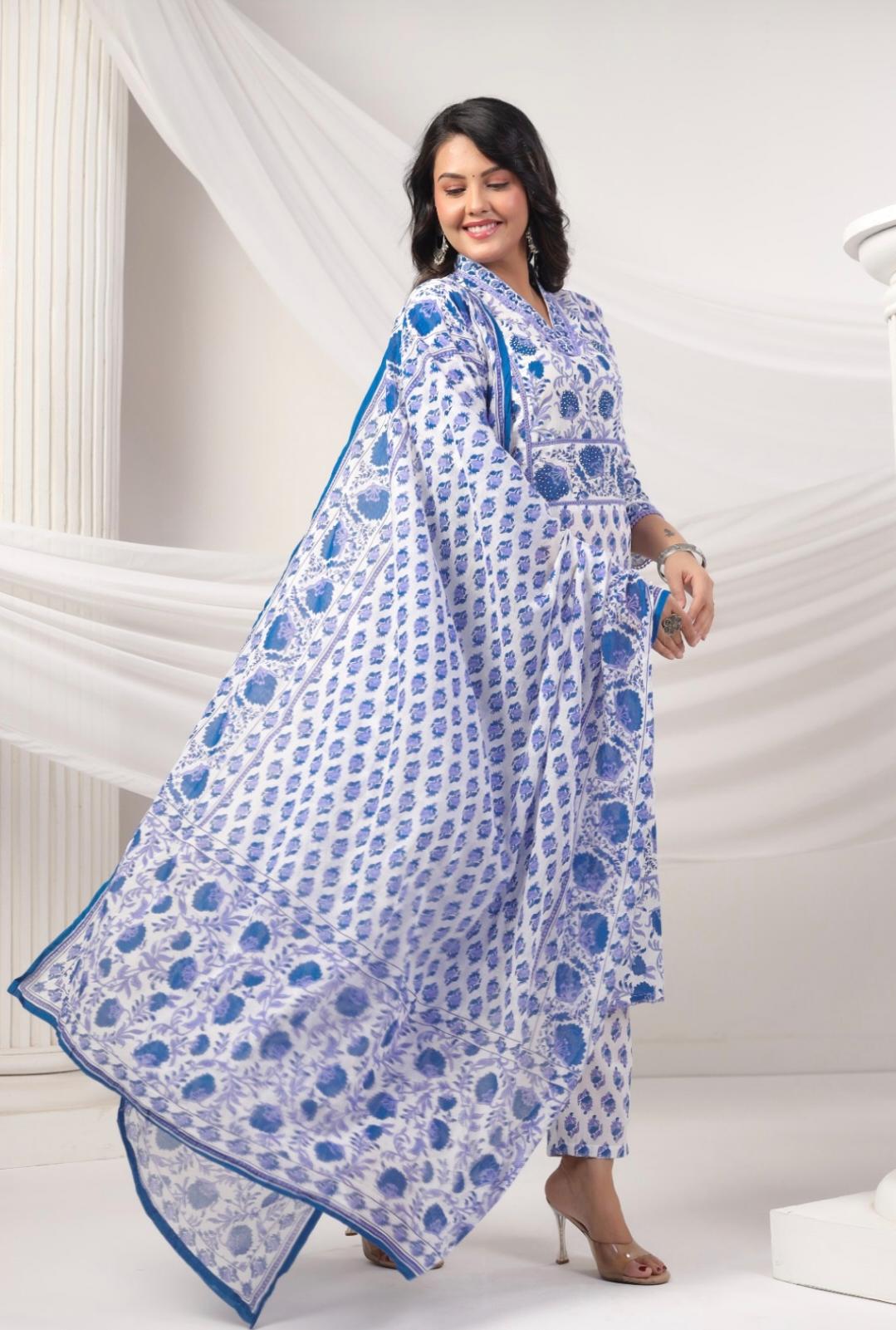 DUPATTA SET-Blue Floral Straight Cotton