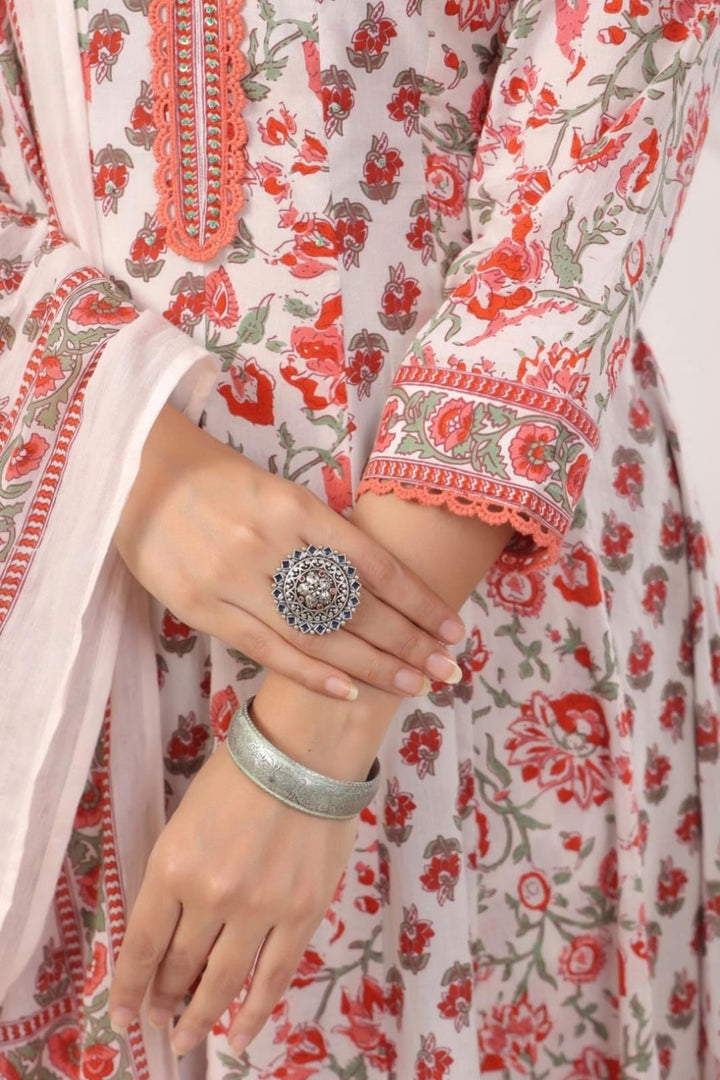 DUPATTA SET-White Floral A-Line Cotton