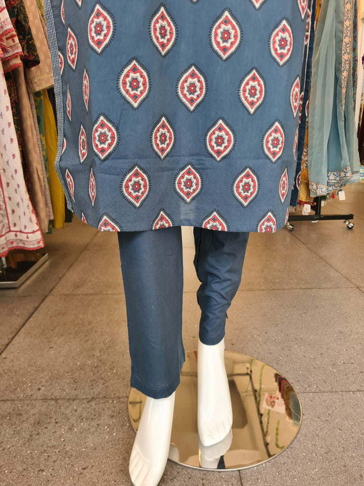 DUPATTA SET-Blue Straight Cotton