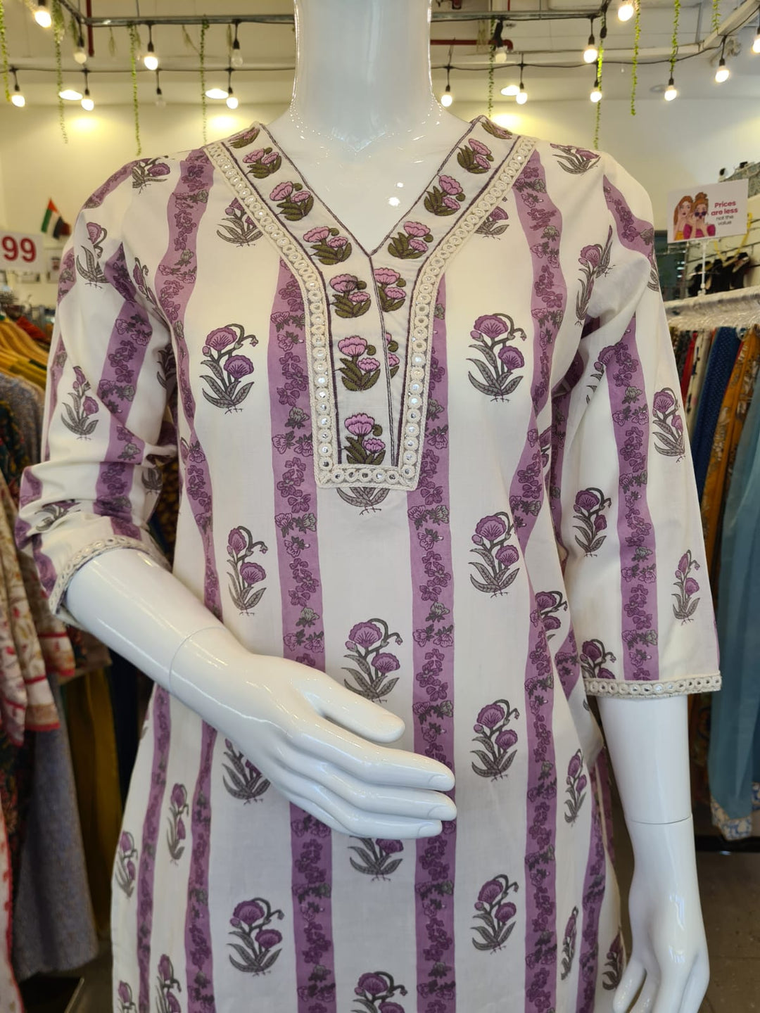 DUPATTA SET-White Purple Straight Cotton