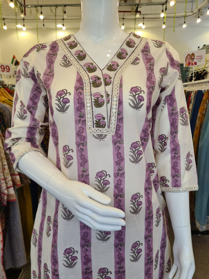 DUPATTA SET-White Purple Straight Cotton
