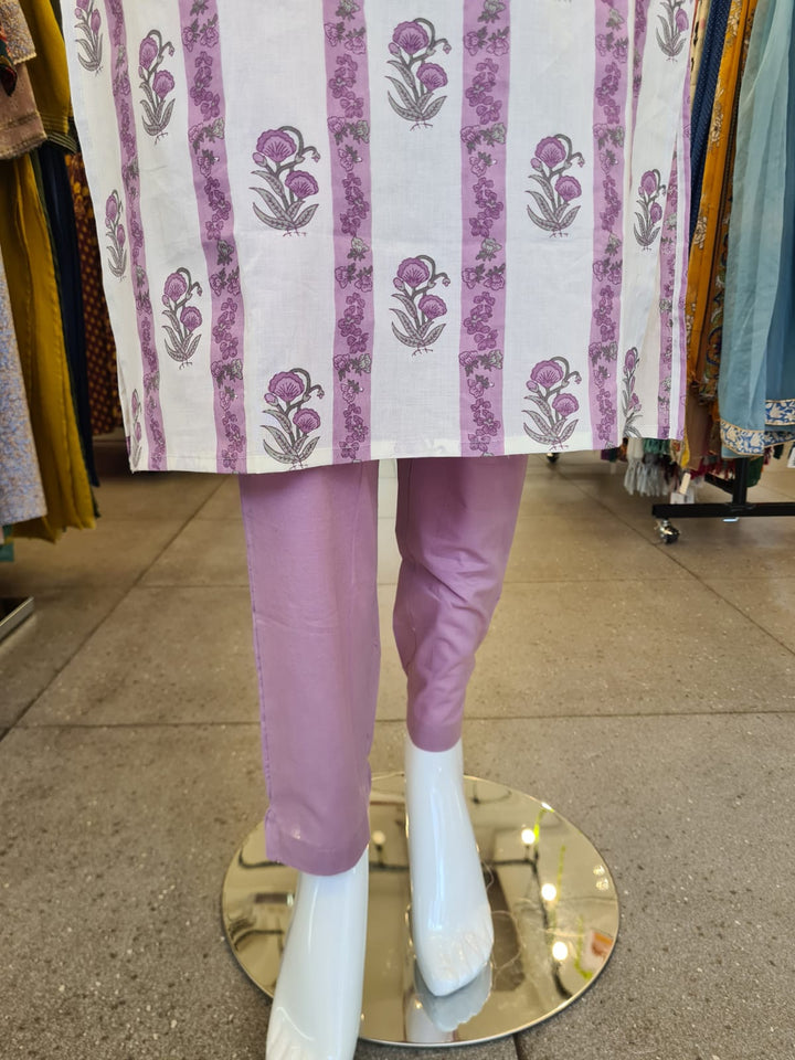 DUPATTA SET-White Purple Straight Cotton