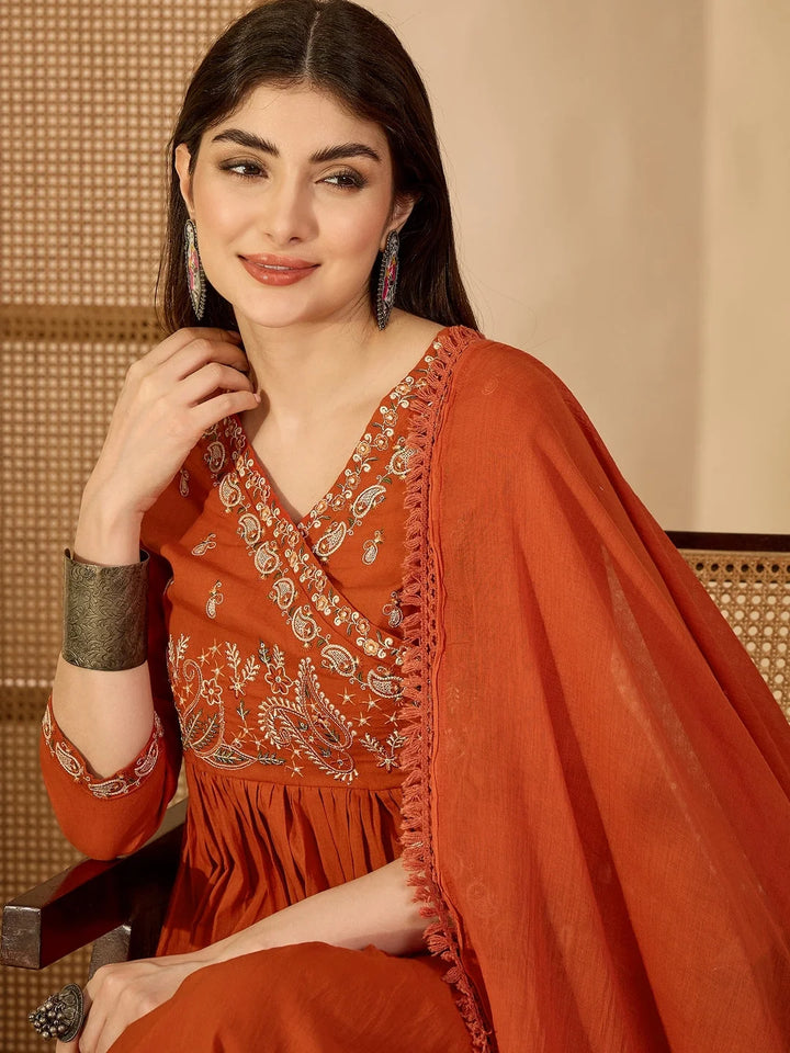 DUPATTA SET-Rust Anarkali Kurta & Palazzo with Dupatta