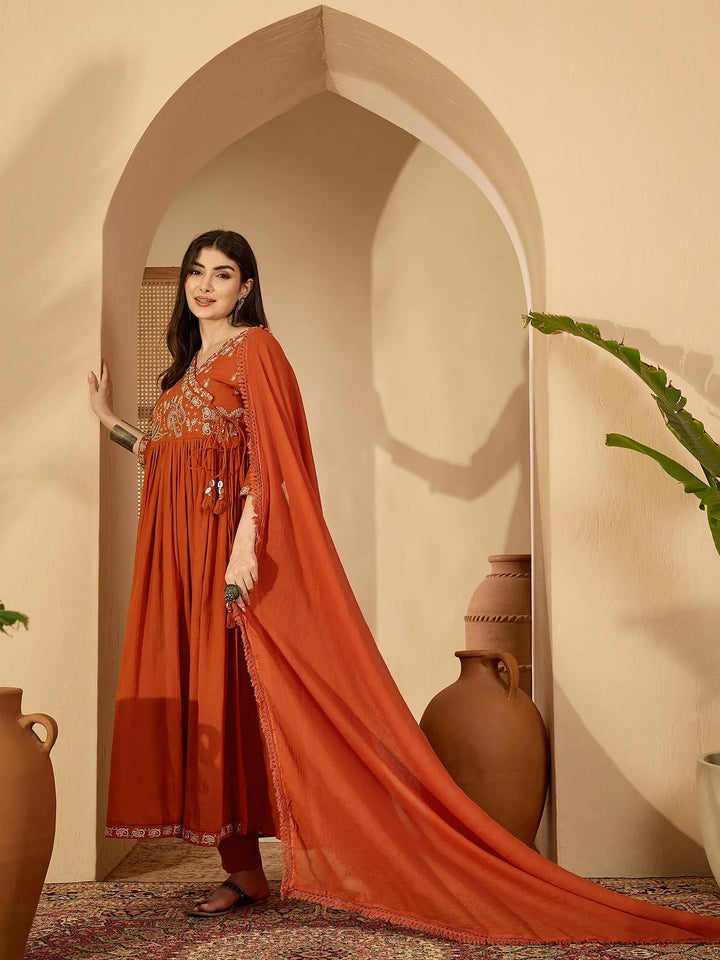 DUPATTA SET-Rust Anarkali Kurta & Palazzo with Dupatta