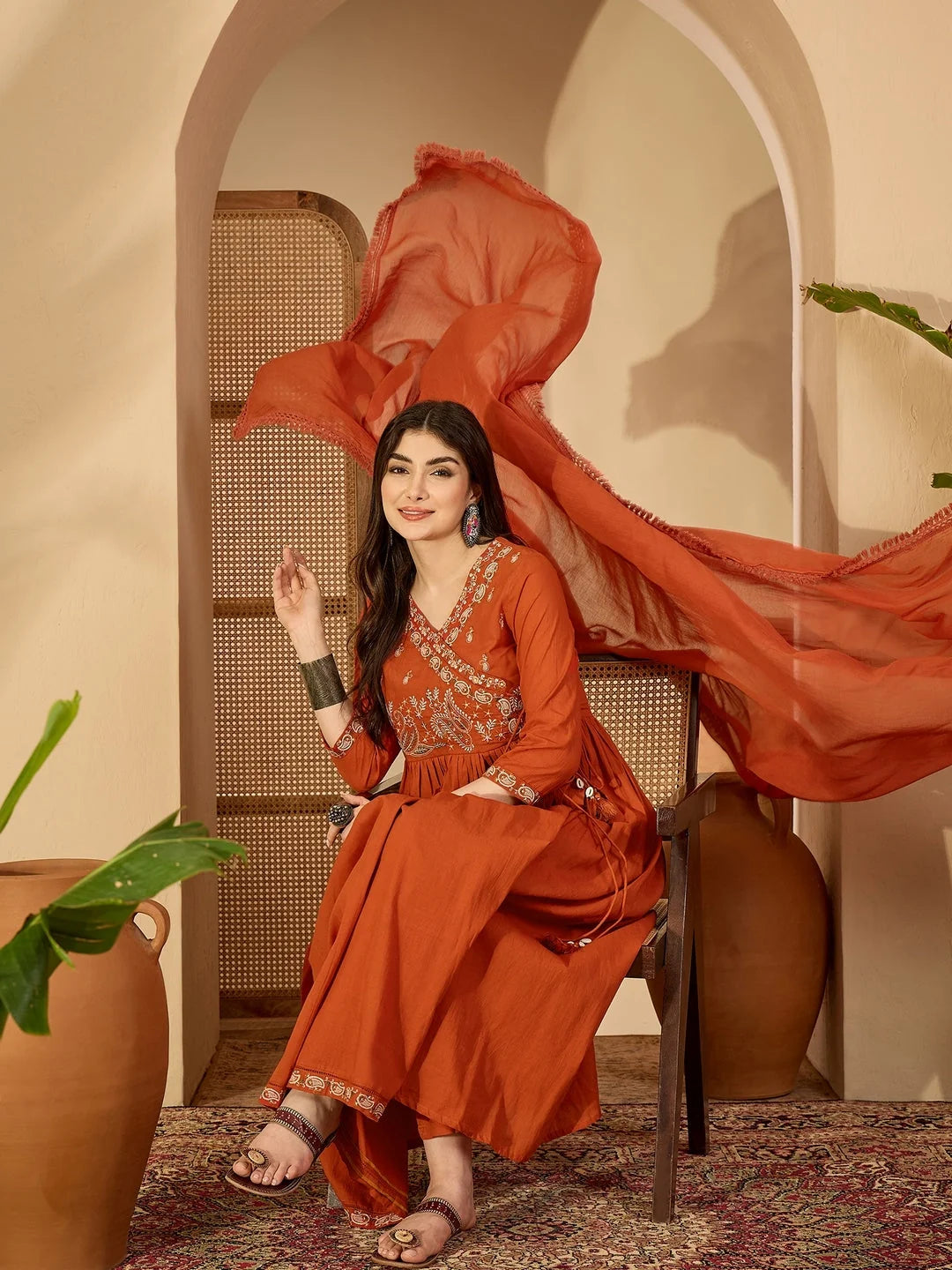 DUPATTA SET-Rust Anarkali Kurta & Palazzo with Dupatta