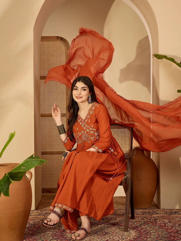 DUPATTA SET-Rust Anarkali Kurta & Palazzo with Dupatta