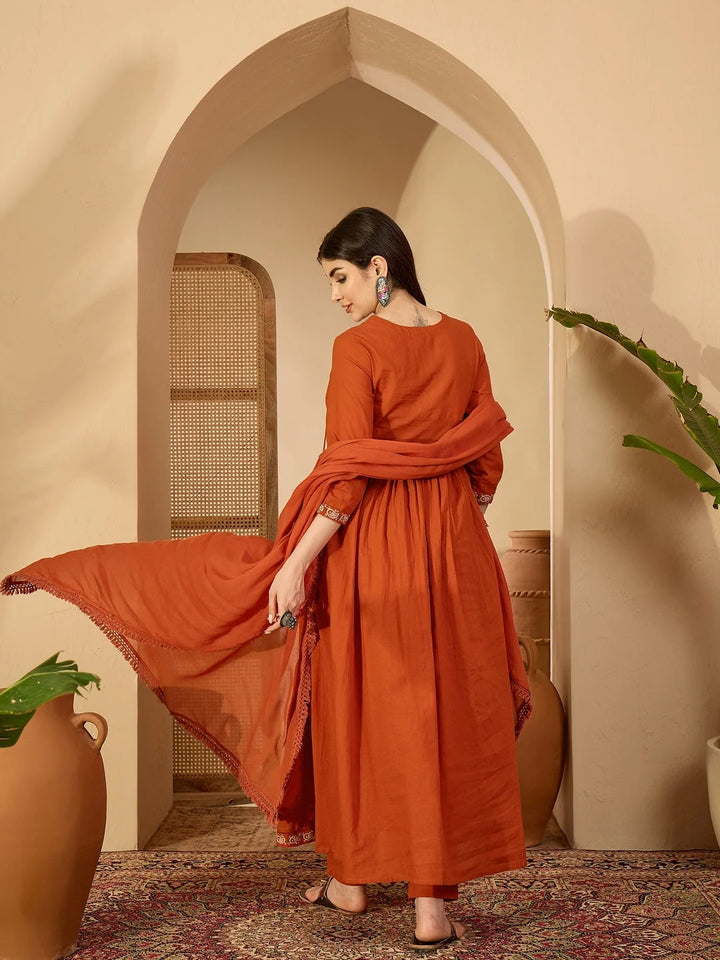 DUPATTA SET-Rust Anarkali Kurta & Palazzo with Dupatta