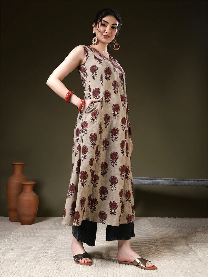 KURTA-Brown Viscose Printed