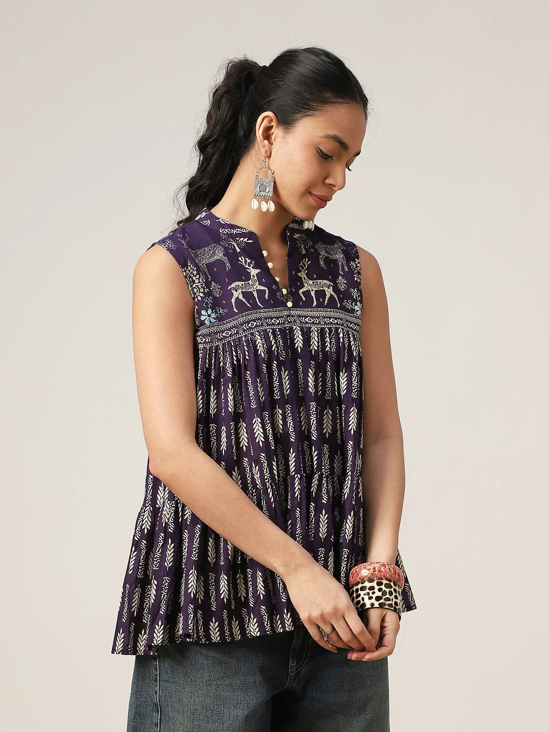 TOP-Prpl Mandarin Collar Printed