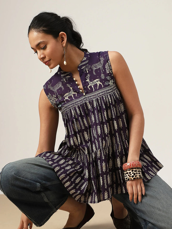 TOP-Prpl Mandarin Collar Printed