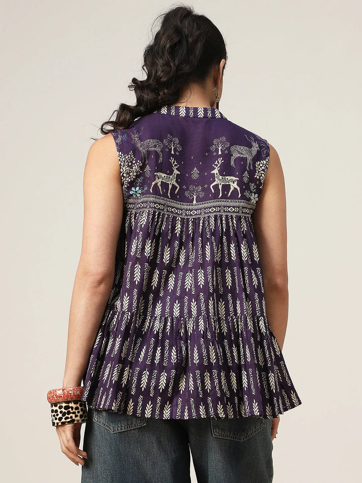 TOP-Prpl Mandarin Collar Printed