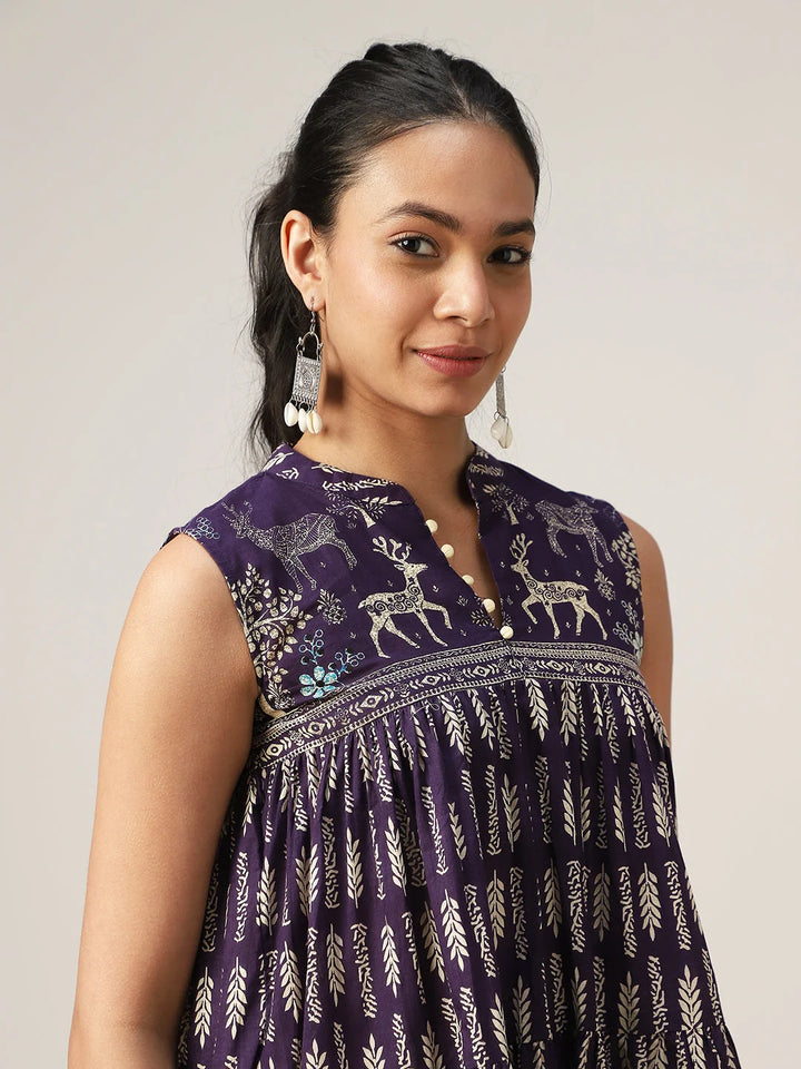 TOP-Prpl Mandarin Collar Printed