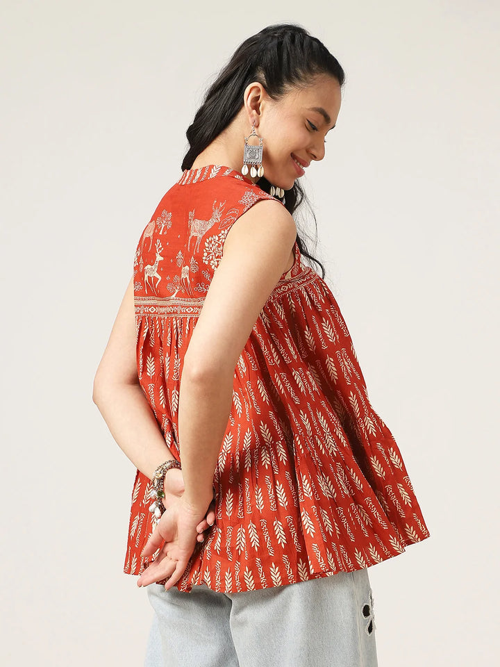 TOP-Rust Mandarin Collar Printed