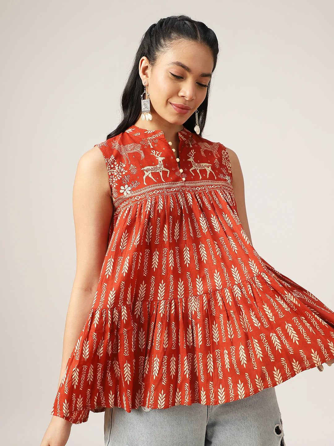 TOP-Rust Mandarin Collar Printed