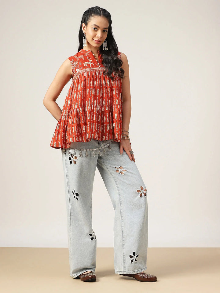 TOP-Rust Mandarin Collar Printed