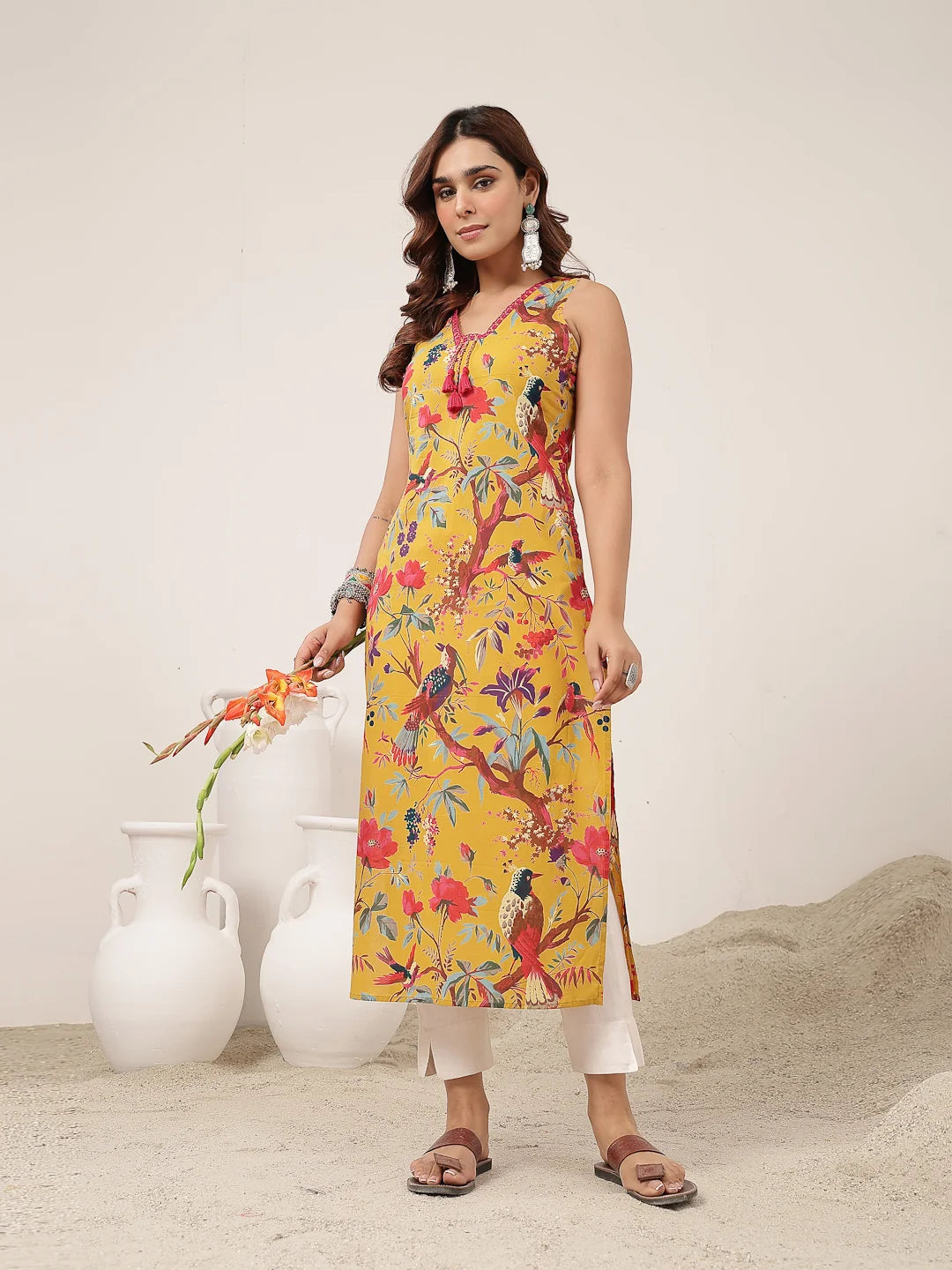 KURTA-Straight Cotton Printed Sleeveless
