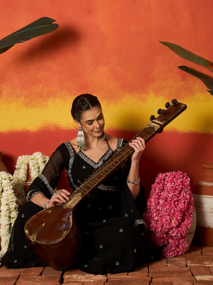 DUPATTA SET-Black Georgette Anarkali Kurta with Dupatta