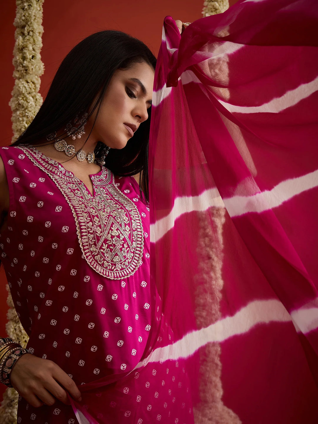 DUPATTA SET-Bandhej Short Kurti Palazzo Set