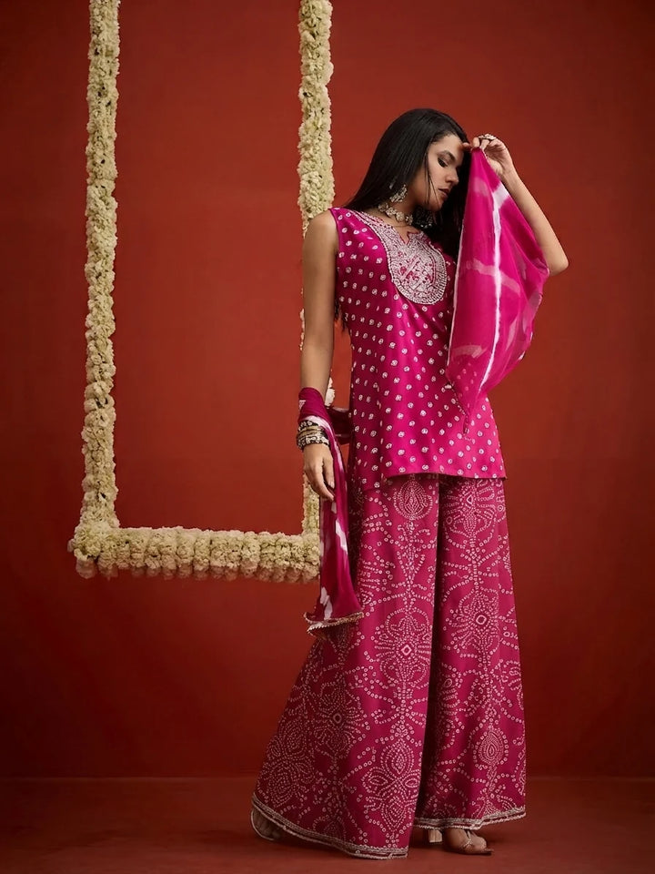 DUPATTA SET-Bandhej Short Kurti Palazzo Set