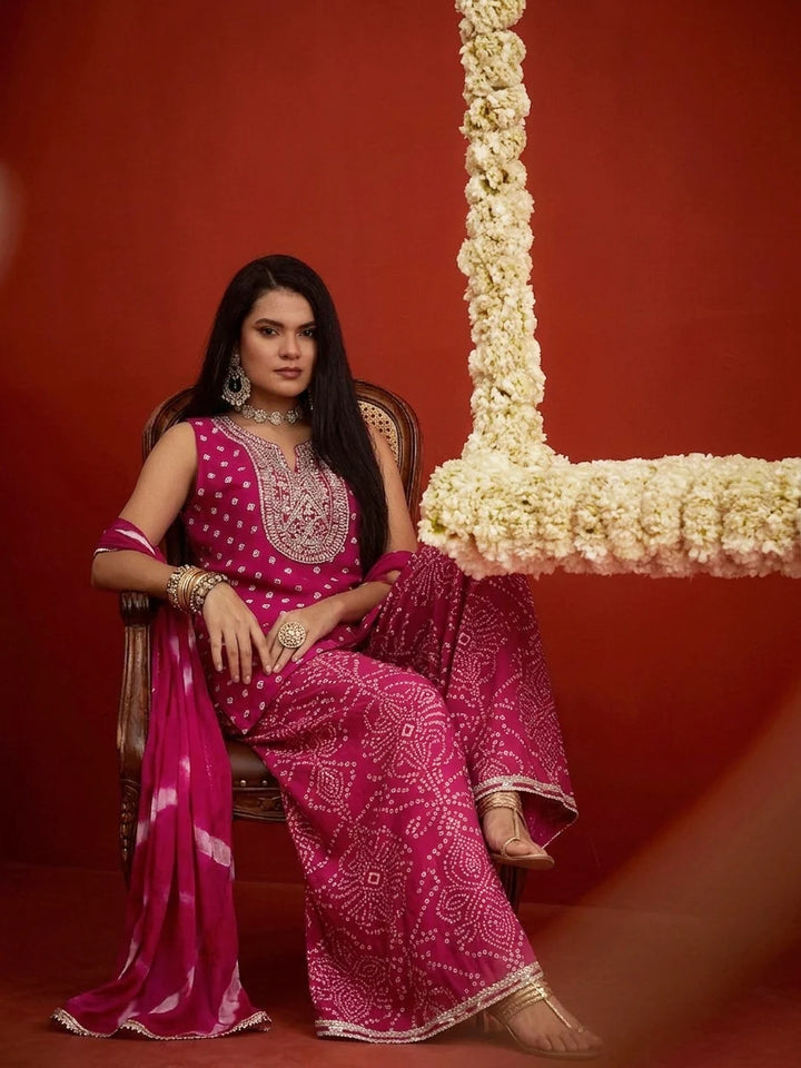 DUPATTA SET-Bandhej Short Kurti Palazzo Set